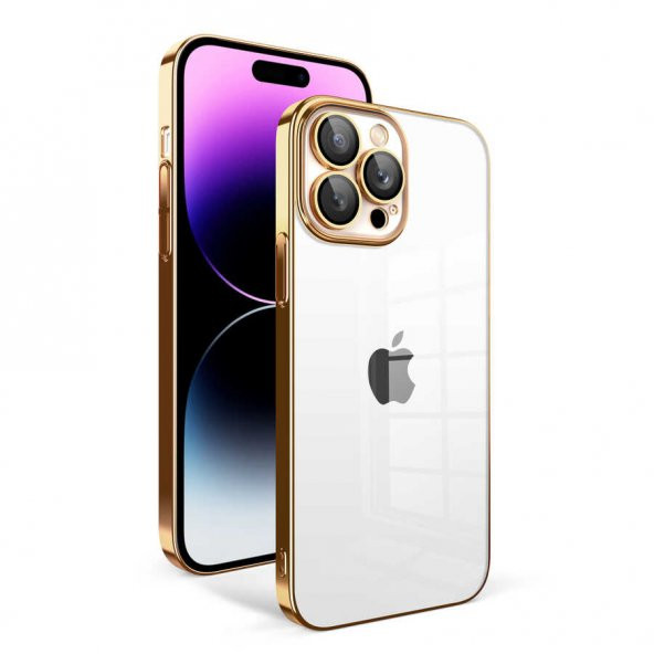 Apple iPhone 14 Pro Max Kılıf Kamera Korumalı Renkli Çerçeveli Garaj Kapak - Gold
