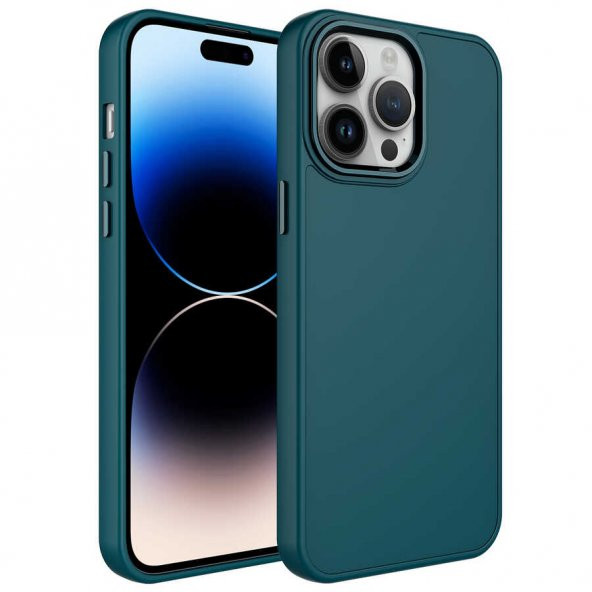 Apple iPhone 14 Pro Max Kılıf Metal Çerçeve ve Buton Tasarımlı Silikon Luna Kapak - Koyu Yeşil