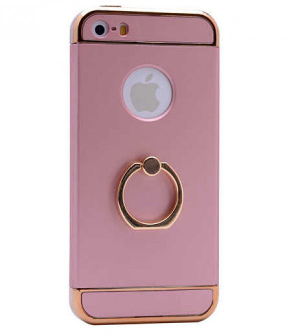 Apple iPhone 5 Kılıf 3 Parçalı Yüzüklü Rubber Kapak - Rose Gold