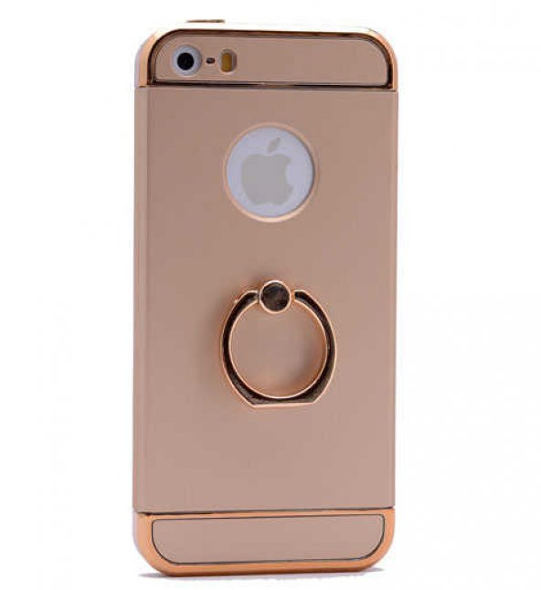Apple iPhone 5 Kılıf 3 Parçalı Yüzüklü Rubber Kapak - Gold