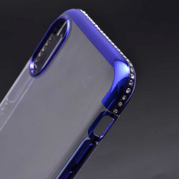 Apple iPhone X Kılıf Tek Sıra Taşlı Silikon - Mavi