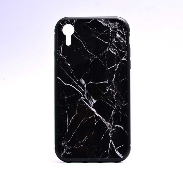 Apple iPhone XR 6.1 Kılıf Mermerli Devrim Cam Kapak - Siyah