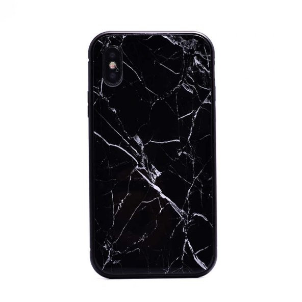 Apple iPhone XS 5.8 Kılıf Mermerli Devrim Cam Kapak - Siyah
