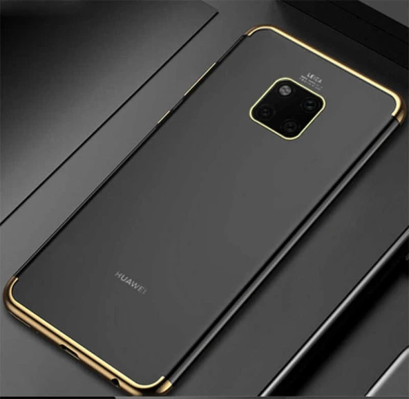 Huawei Mate 20 Pro Kılıf Dört Köşeli Lazer Silikon Kapak - Gold