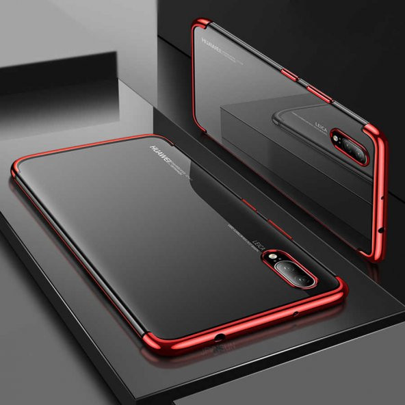 Huawei P20 Lite Kılıf Dört Köşeli Lazer Silikon Kapak - Kırmızı