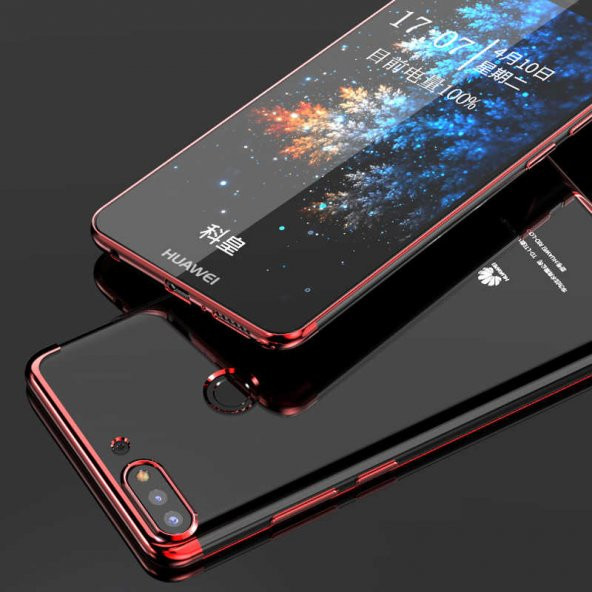 Huawei Y7 2018 Kılıf Dört Köşeli Lazer Silikon Kapak - Kırmızı
