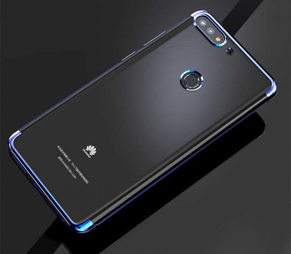 Huawei Y7 2018 Kılıf Dört Köşeli Lazer Silikon Kapak - Mavi