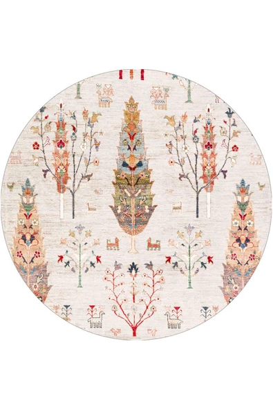 Şal Desenli Dokuma Pamuk Taban Dijital Dekoratif Yuvarlak Halı  KREM 160X160