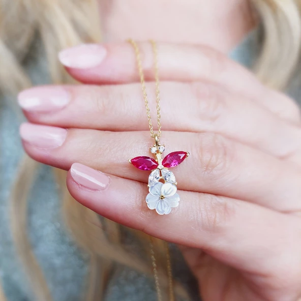 925 Ayar Gümüş Kadın Kırmızı Taşlı Çiçek Kolye ürün görseli