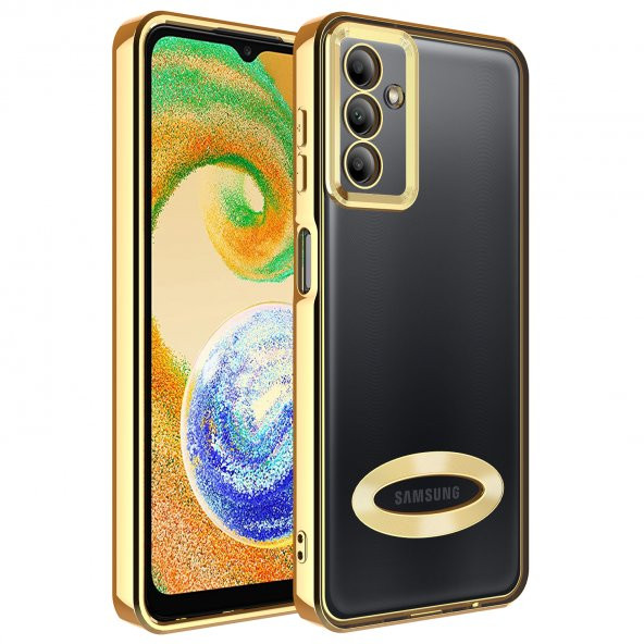 Samsung Galaxy A04S Kılıf Kamera Korumalı Logo Gösteren Omega Kapak - Gold