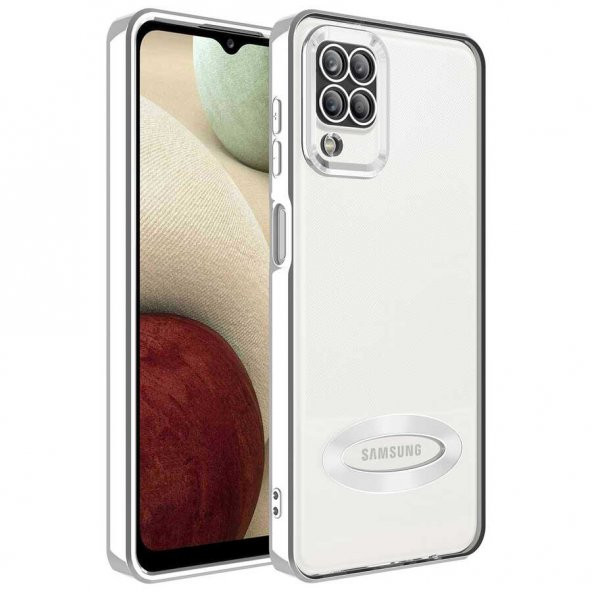 Samsung Galaxy A12 Kılıf Kamera Korumalı Logo Gösteren Omega Kapak - Gümüş