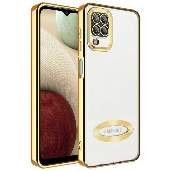 Samsung Galaxy A12 Kılıf Kamera Korumalı Logo Gösteren Omega Kapak - Gold