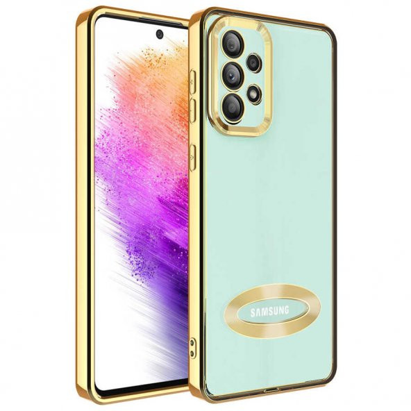 Samsung Galaxy A32 4G Kılıf Kamera Korumalı Logo Gösteren Omega Kapak - Gold