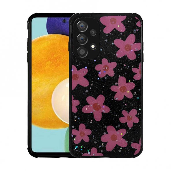 Samsung Galaxy A32 4G Kılıf Simli Desenli Kamera Korumalı Parlak Popy Kapak - Çiçek