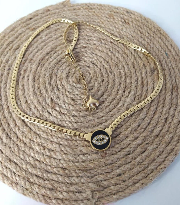 Kolye Göz Sembollü İtalyan Yassı Sembollü Taşlı Çelik 316 L Paslanmaz Çelik Kolye - 2