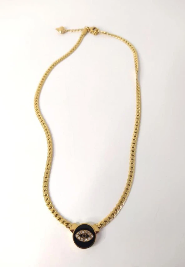 Kolye Göz Sembollü İtalyan Yassı Sembollü Taşlı Çelik 316 L Paslanmaz Çelik Kolye - 3