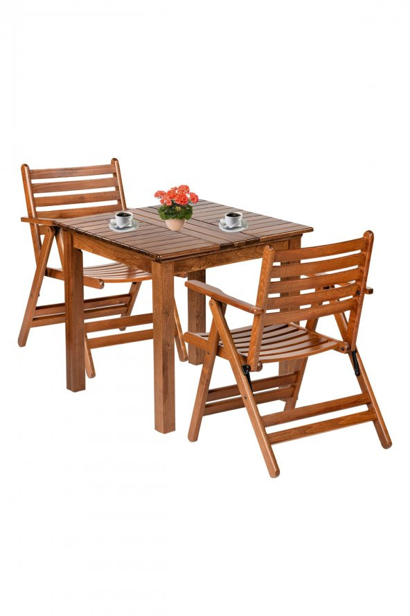 London Atina Ahşap Bahçe Balkon Takımı: 70x70 Sabit Ayaklı Masa + 2 Katlanır Sandalye Set