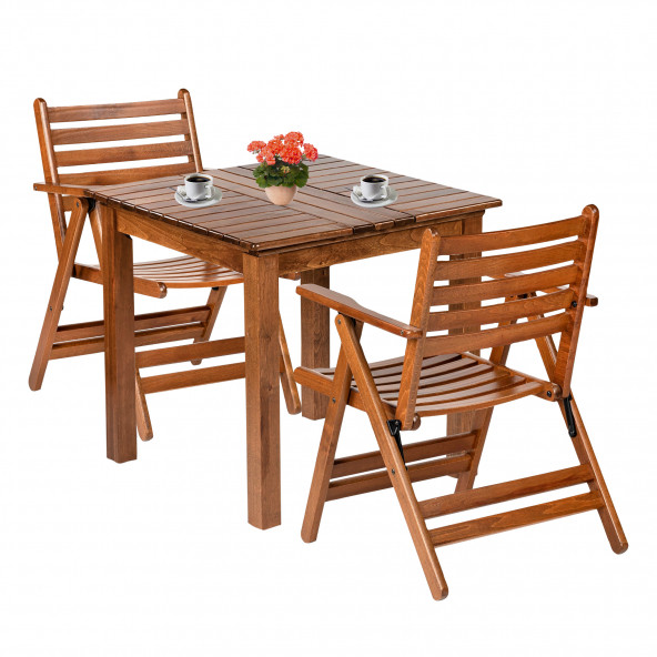 London Atina Ahşap Bahçe Balkon Takımı: 80x80 Sabit Ayaklı Masa + 2 Katlanır Sandalye Set