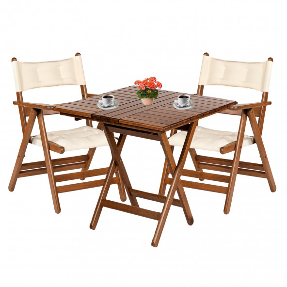 Marmaris Ahşap Bahçe Balkon Takımı: 60x80 Masa + 2 Minderli Sandalye Katlanır Set