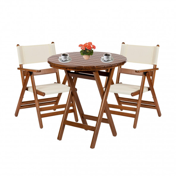 Marmaris Ahşap Bahçe Balkon Takımı: 90lık Yuvarlak Masa + 2 PVC Kumaşlı Sandalye Katlanır Set