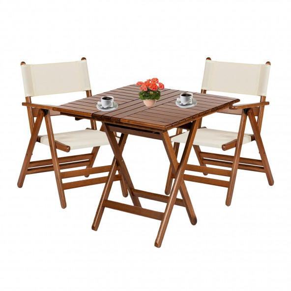 Marmaris Ahşap Bahçe Balkon Takımı:70x70 Masa + 2 PVC Kumaşlı Sandalye Katlanır Set