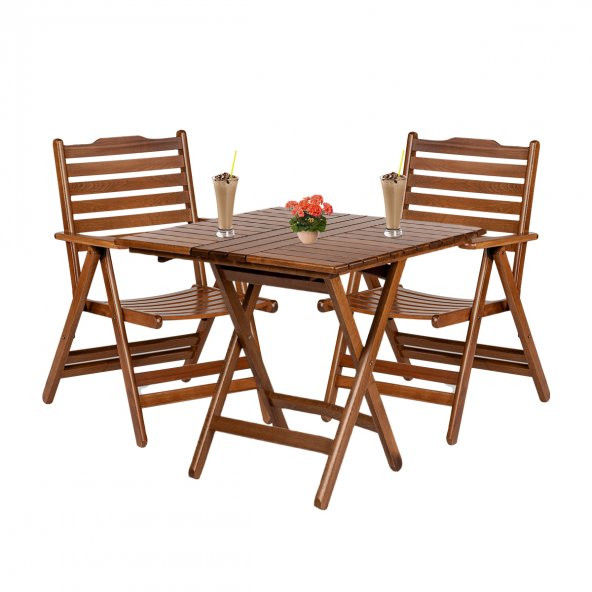 Ürgüp Ahşap Bahçe Balkon Takımı: 60x80 Masa + 2 Sandalye Katlanır Set