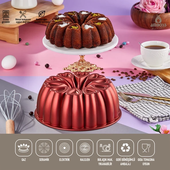 Amboss Ametist 26 cm Yanmaz Yapışmaz Döküm Kek Kalıbı Kırmızı