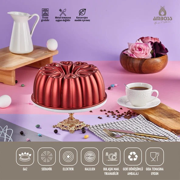 Amboss Ametist 26 cm Yanmaz Yapışmaz Döküm Kek Kalıbı Kırmızı - 2