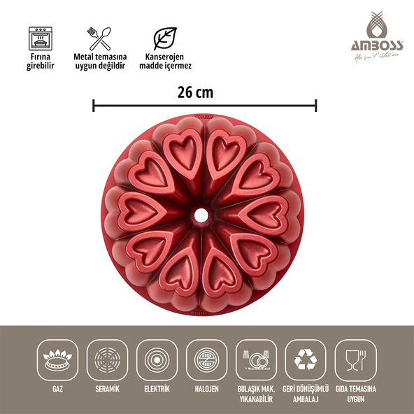 Amboss Ametist 26 cm Yanmaz Yapışmaz Döküm Kek Kalıbı Kırmızı - 3