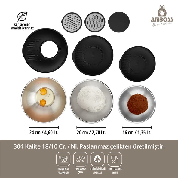 Amboss Satin 9 Parça Çok Amaçlı Karıştırma Kabı Kase Takımı - Siyah - 2