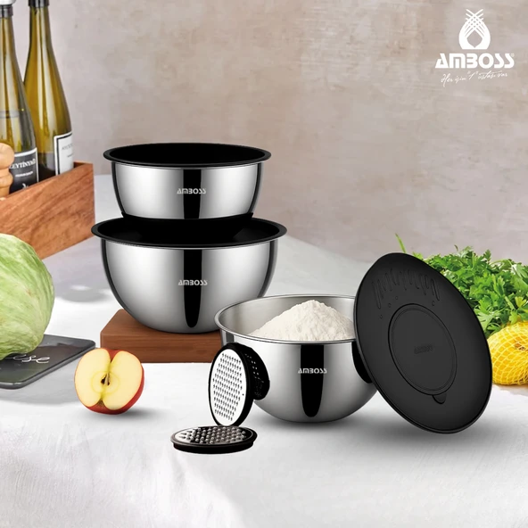 Amboss Satin 9 Parça Çok Amaçlı Karıştırma Kabı Kase Takımı - Siyah - 4