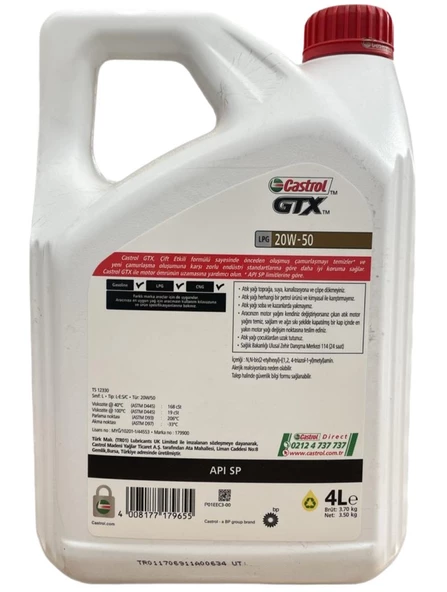 Castrol GTX LPG 20W-50 4 Litre Motor Yağı - API: SP - Çift Etkili Formül - 2