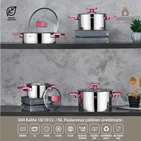Amboss Enio 8 Parça Paslanmaz Çelik Tencere Seti Rose Gold
