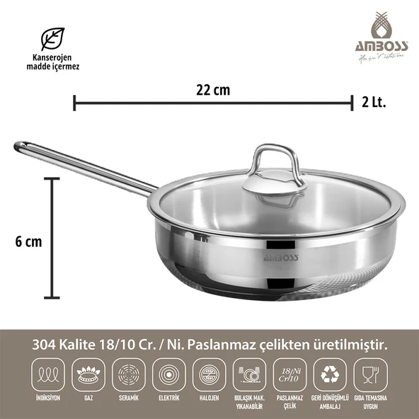 Amboss Saphire Paslanmaz Çelik Cam Kapaklı Tava 22 cm - 2