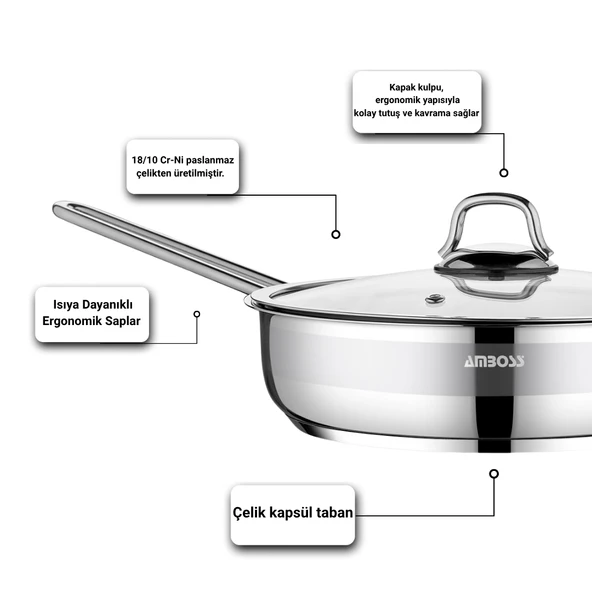 Saphire Paslanmaz Çelik 22 cm Cam Kapaklı Çelik Tava - 3