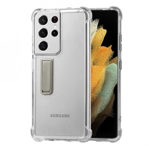 Samsung Galaxy S21 Ultra Kılıf Standlı Süper Silikon Kapak - Renksiz