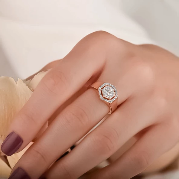 14 Ayar Rose Altın Taşlı Yüzük - Resim 2