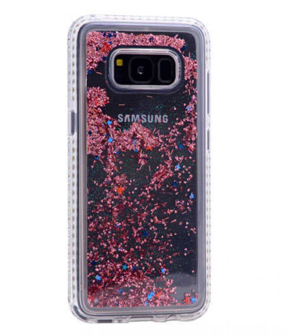 Samsung Galaxy S8 Kılıf Sıralı Taşlı Sıvılı Silikon - Rose Gold