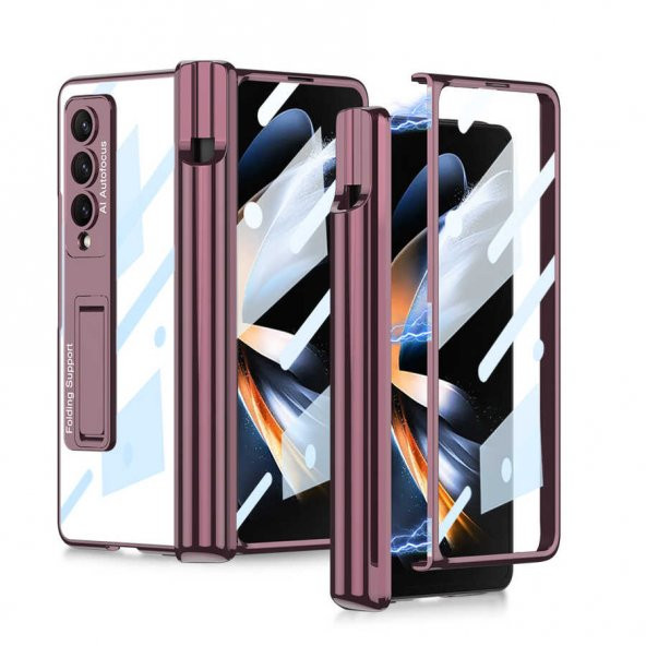 Samsung Galaxy Z Fold 4 Kılıf Kıpta Standlı Kalem Bölmeli Kapak - Mürdüm