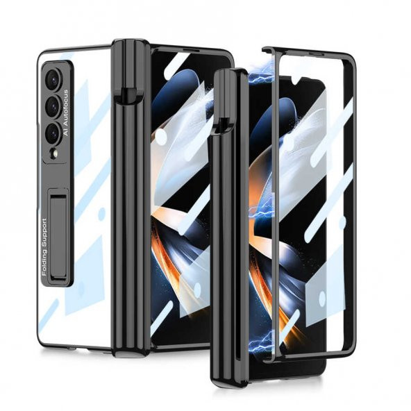 Samsung Galaxy Z Fold 4 Kılıf Kıpta Standlı Kalem Bölmeli Kapak - Siyah