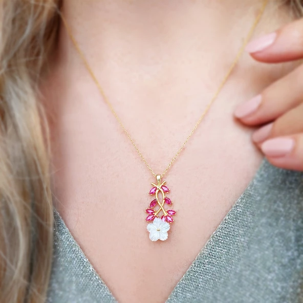 Vaoov 925 Ayar Gümüş Kırmızı Çiçekli Bahar Dalı Kolye - Resim 3