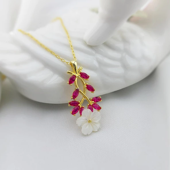 Vaoov 925 Ayar Gümüş Kırmızı Çiçekli Bahar Dalı Kolye ürün görseli