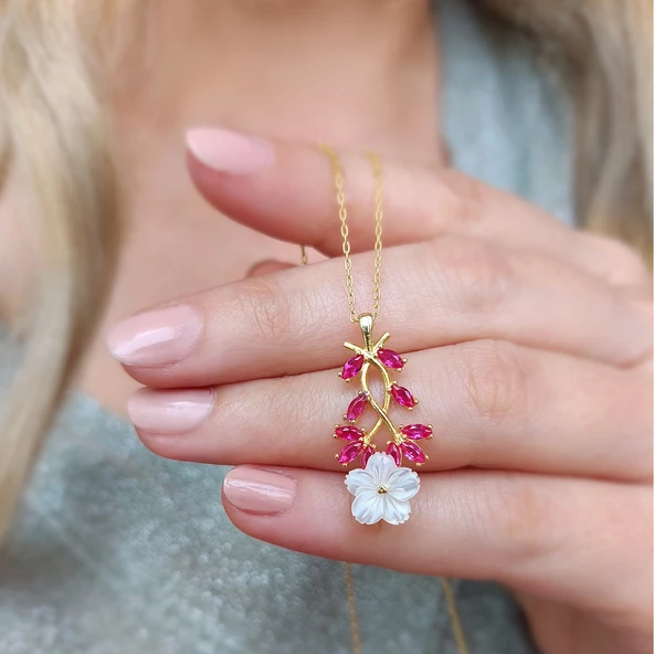Vaoov 925 Ayar Gümüş Kırmızı Çiçekli Bahar Dalı Kolye - Resim 2