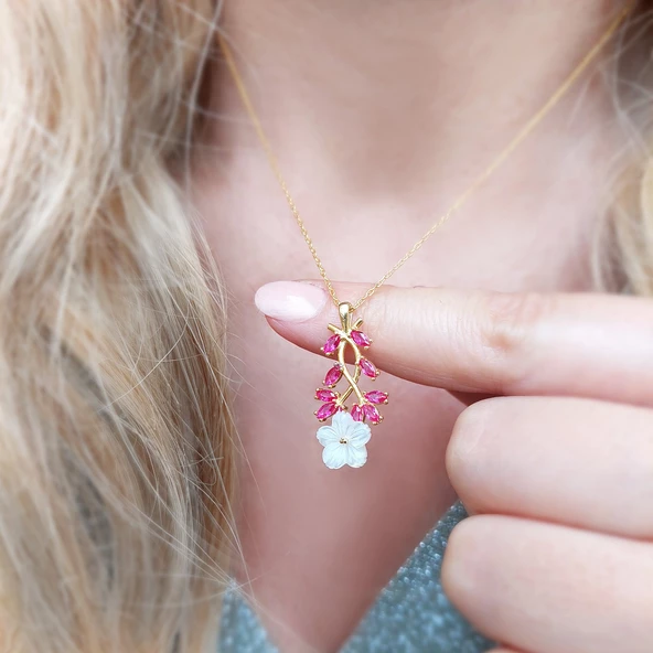 Vaoov 925 Ayar Gümüş Kırmızı Çiçekli Bahar Dalı Kolye - Resim 5