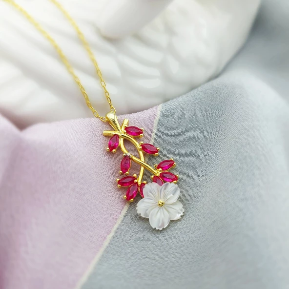 Vaoov 925 Ayar Gümüş Kırmızı Çiçekli Bahar Dalı Kolye - Resim 4