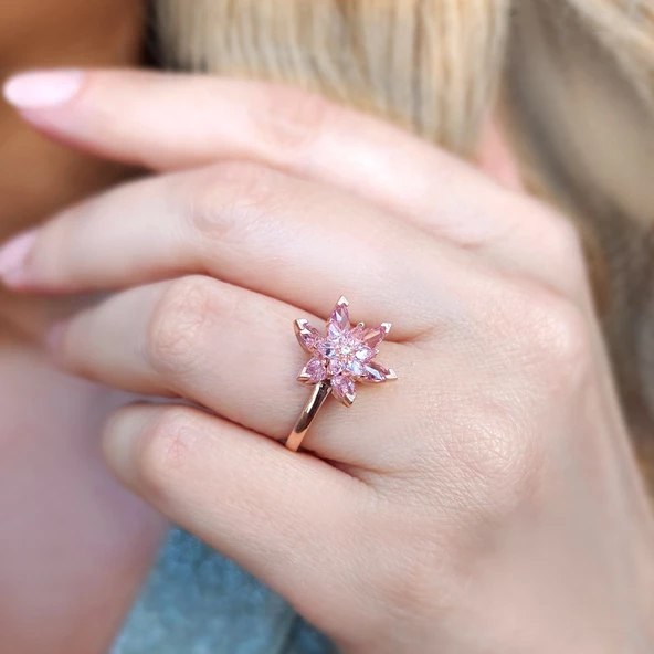 Vaoov 925 Ayar Gümüş Pembe Lotus Yüzük - 4