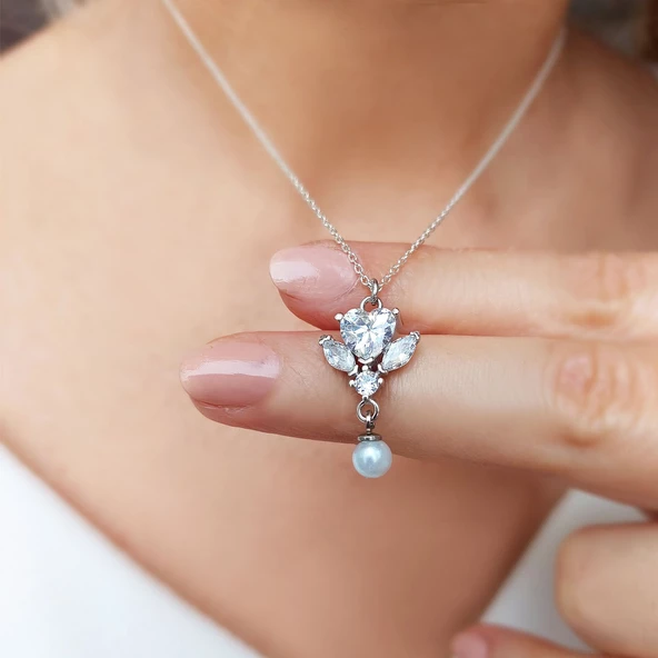 Vaoov 925 Ayar Gümüş Kalpli İnci Kolye - Resim 2