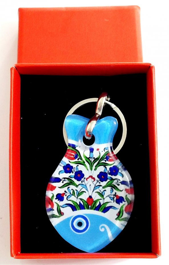Lale Desenli Balık Şekilli Hediye Kutusunda Füzyon Cam Anahtarlık - 3