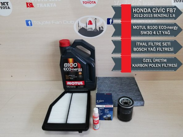 Honda Civic 2012-2015 Fb7 Motul 5W30 4Lt Yağ - Ithal Filtre Seti