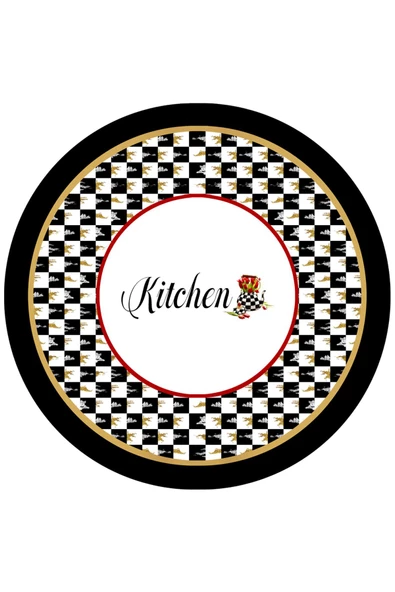 Dama Desen Yıkanabilir Pamuk Taban Kitchen Yazılı Yuvarlak Mutfak Halısı  SİYAH 120X120